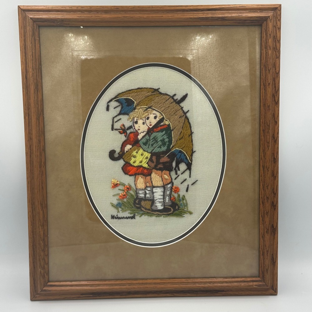 VTG Crewel Embroidery Framed Art Hummel Style Kids Umbrella Cottagecore 13x15